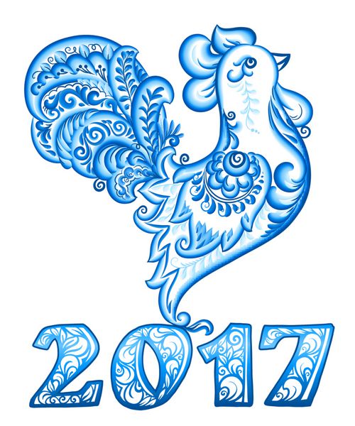 خروس وکتور آبی به سبک سنتی گژل روسی با علامت پرآذین 2017 نماد وکتور سال نو چینی