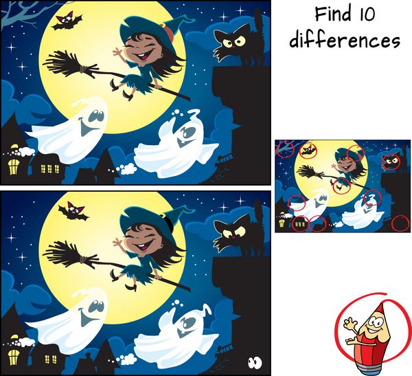 جادوگر کوچکی که روی چوب جارو پرواز می کند گربه سیاه روی دودکش خفاش چند روح و ماه 10 تفاوت را پیدا کنید بازی آموزشی برای کودکان وکتور کارتونی هالووین