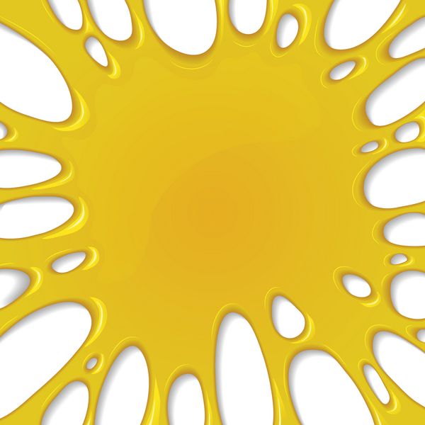 وکتور از پاشش عسل لکه و پاشیدن مایع زرد چسبنده شیرین پس زمینه انتزاعی با لکه رنگ نارنجی یا لکه آب بنر در طراحی کارتونی