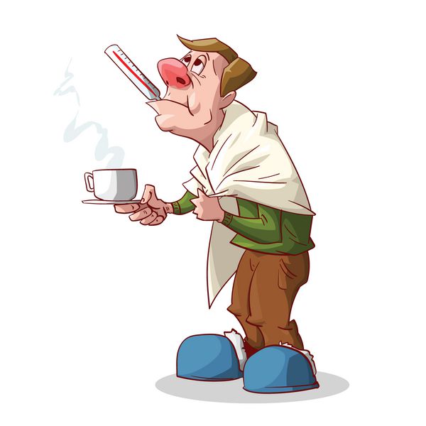 وکتور رنگارنگ مردی کارتونی با بینی قرمز سرماخوردگی یا آنفولانزا با پتو در دست گرفتن یک لیوان چای داغ یا دارو و یک دماسنج در دهان