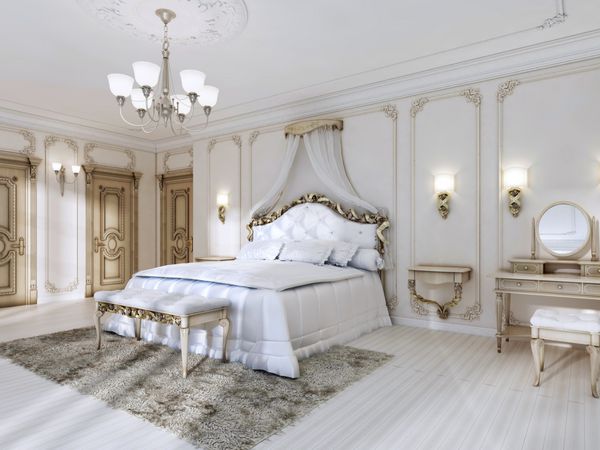اتاق خواب مجلل در رنگ های سفید به سبک کلاسیک