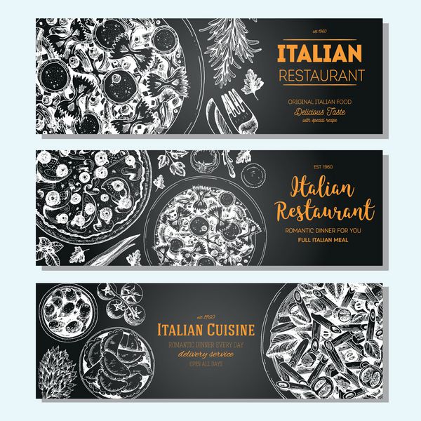 الگوی طراحی غذاهای قدیمی ایتالیایی مجموعه بنرهای افقی وکتور از هنر خطی دستی منوی رستوران غذاهای ایتالیایی بنرهای وکتور طرحی با دست کشیده شده است