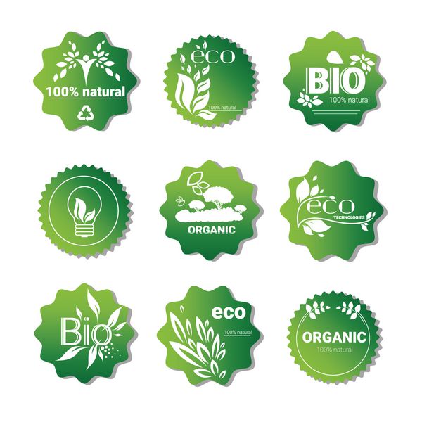 مجموعه آیکون وب محصول طبیعی ارگانیک دوستدار محیط زیست وکتور مسطح با لوگوی سبز