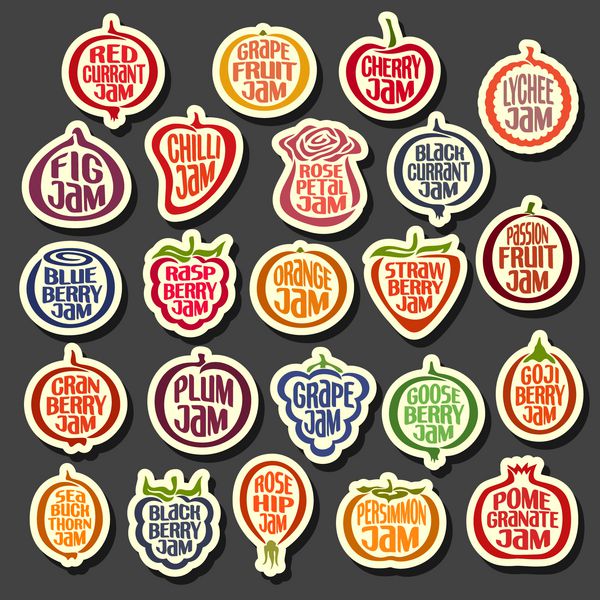 مجموعه وکتور نمادهای مربای رنگارنگ میوه ها مجموعه مجموعه ای از برچسب انتزاعی مربای توت فرنگی لوگوی میوه ساده یا نماد مرباهای گلبرگ گل رز پیکتوگرام های کارتونی مینیمالیستی جدا شده در پس زمینه سیاه