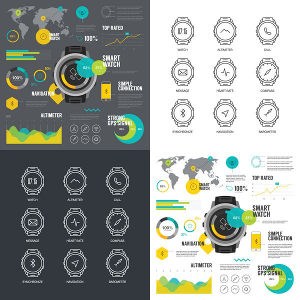تصویر اینفوگرافیک ساعت هوشمند نمادهای خط نازک ابزار هوشمند گرافیک وب مدرن مجموعه نمادهای ساعت دیجیتال توابع هوشمند طرح تک طرح ساده بسته پیکتوگرام وکتور اینفوگرافیک نمودار