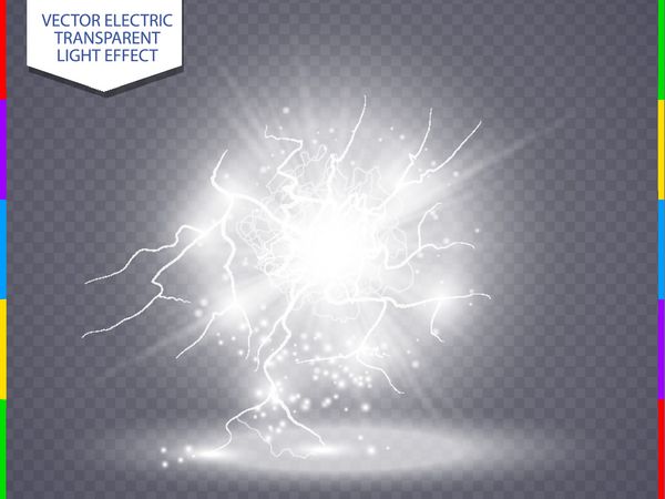 اثر نور ویژه انفجار شوک انرژی انتزاعی سفید با جرقه وکتور خوشه رعد و برق قدرت درخشش تخلیه الکتریکی در پس زمینه شفاف هسته شارژ شده با ولتاژ بالا