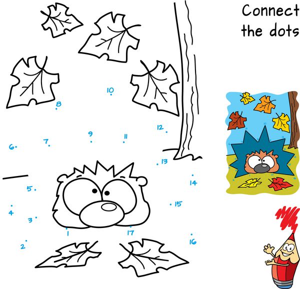 جوجه تیغی ناز و برگ های در حال سقوط بازی آموزشی رنگ آمیزی و نقطه به نقطه برای بچه ها وکتور کارتونی