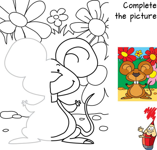 موش کوچولوی شاد بازی نقاشی کودکان تصویر را کامل کنید کتاب رنگ آمیزی وکتور کارتونی
