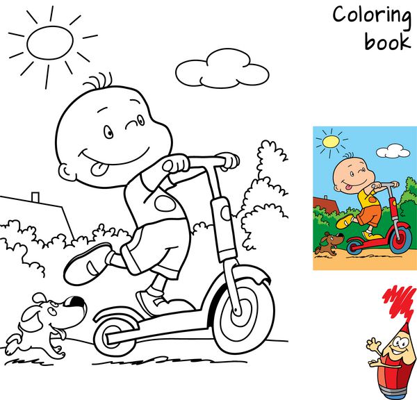 پسر خوشحالی که سوار اسکوتر می شود کتاب رنگ آمیزی وکتور کارتونی