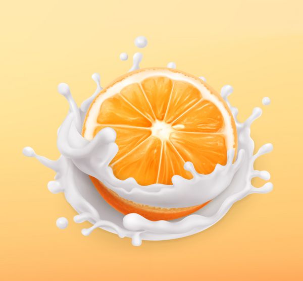 پاشیدن میوه پرتقال و شیر میوه و ماست تصویر واقعی نماد وکتور سه بعدی