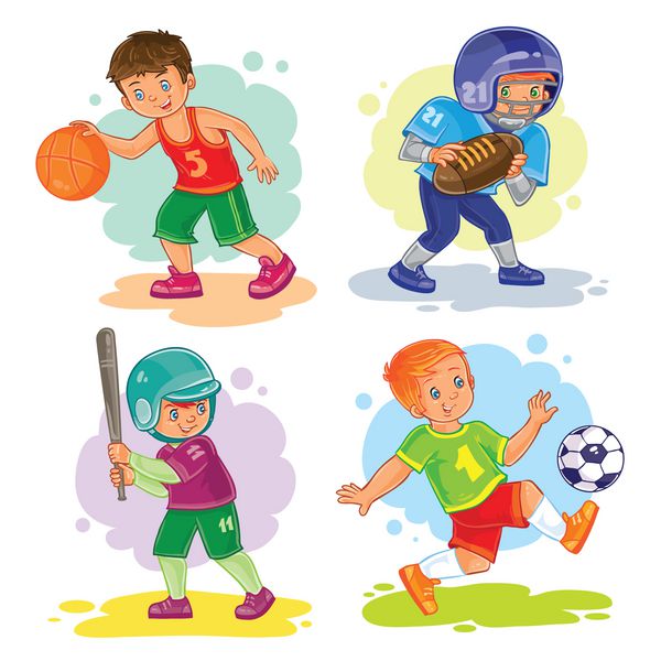 مجموعه نمادهای پسران در حال بازی بسکتبال فوتبال بیس بال