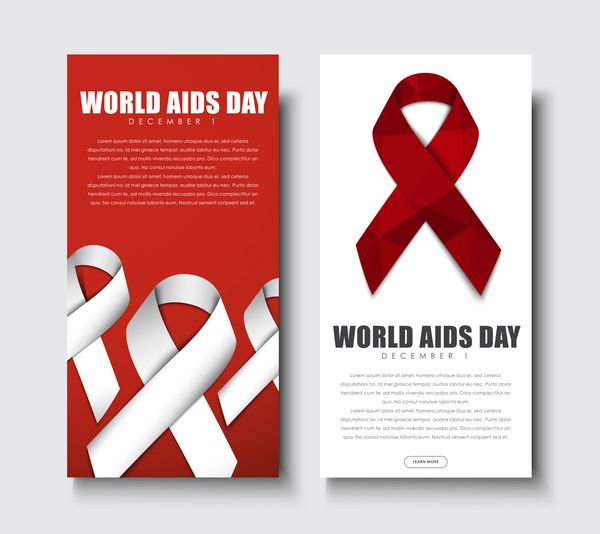 مجموعه ای از بنرهای عمودی وب بروشور الگوهایی با روبان سفید و قرمز برای روز جهانی ایدز وکتور