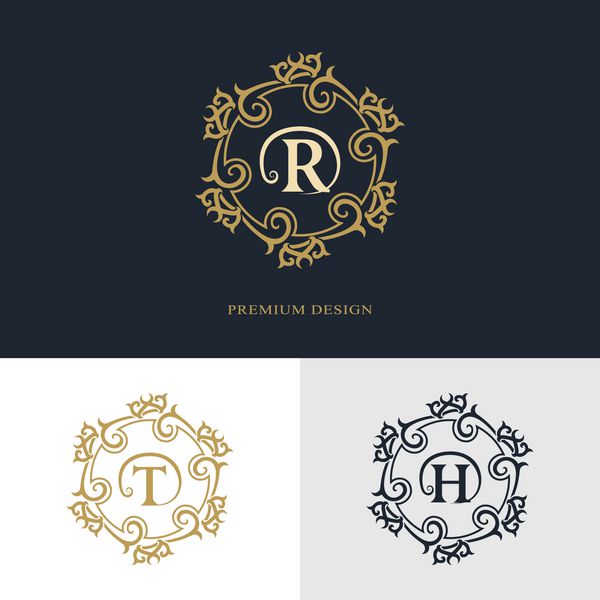 عناصر طراحی مونوگرام قالب برازنده طراحی آرم خط هنر زیبا خوشنویسی علامت حرف R T H برای سلطنتی کارت ویزیت بوتیک هتل هرالدیک جواهرات وکتور