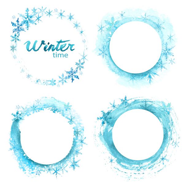 وکتور پیشنهاد ویژه زمستانی برچسب ها و اشکال بزرگ فروش زمستانی در زمینه سفید مجموعه لکه های آبی با آبرنگ طراحی شده با دست
