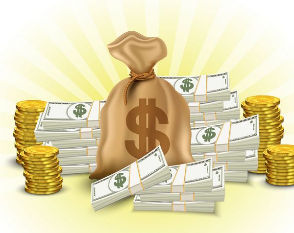 مجموعه پول پول کاغذی پشته سکه های طلا کیسه دلار