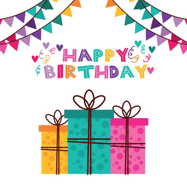 کارت تبریک تولد با جعبه های هدیه و قلم های تزئینی روی زمینه سفید وکتور