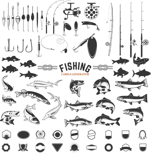 مجموعه ای از عناصر طراحی برچسب ماهیگیری میله ها و نمادهای ماهی عناصر طراحی برای لوگو برچسب نشان علامت نشان وکتور