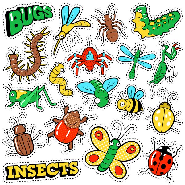 لکه‌های اشکال و حشرات برچسب‌ها نشان‌ها برای چاپ و پارچه وکتور ابله در سبک کمیک