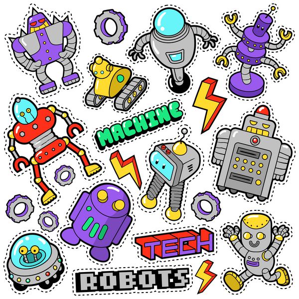 ربات‌ها و ماشین‌ها برچسب‌ها نشان‌ها وصله‌ها در سبک کمیک رترو برای چاپ و پارچه وکتور ابله