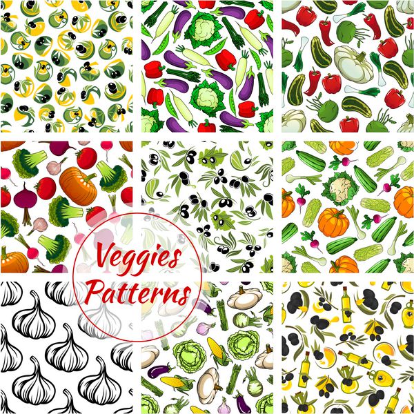 مجموعه الگوهای بدون درز سبزیجات از نمادهای سبزیجات