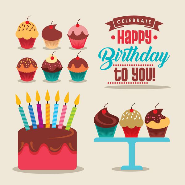 کارت تبریک تولد با کیک شیرین و کیک با نماد شمع طراحی رنگارنگ وکتور