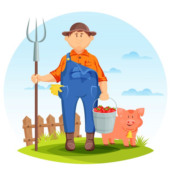 مرد کشاورز در مزرعه کشاورزی با خوک و چنگال