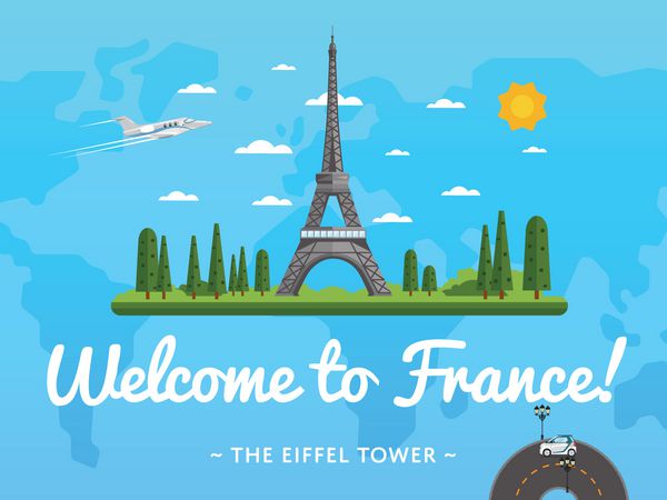 پوستر به فرانسه خوش آمدید با وکتور جاذبه معروف طراحی سفر با برج ایفل مفهوم زمان برای سفر با نقطه عطف معماری فرانسه راهنمای تور برای آژانس مسافرتی