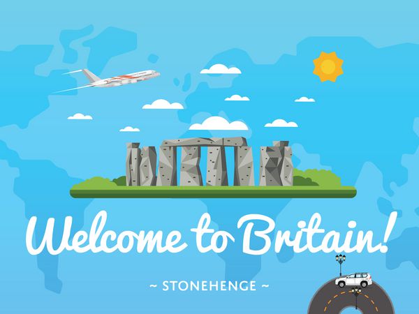 به پوستر بریتانیا با وکتور جاذبه معروف خوش آمدید طراحی سفر با بنای بزرگ سنگی استون هنج مفهوم مسافرت هوایی و گردشگری جهان نقطه عطف معماری بریتانیا