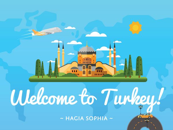 پوستر ترکیه با وکتور جاذبه معروف به ترکیه خوش آمدید طراحی سفر با کلیسای جامع سنت سوفی در استانبول سفر هوایی در سراسر جهان زمان برای سفر کشف مکان های جدید کشف جهان