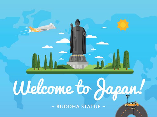 پوستر ژاپنی با وکتور جاذبه معروف به ژاپن خوش آمدید طراحی سفر با مجسمه ایستاده بودا مفهوم سفر و گردشگری جهان بنر آژانس مسافرتی نقطه عطف معماری ژاپن