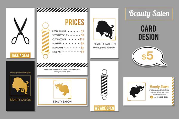 طراحی کارت خدمات سالن زیبایی وکتور قالب کارت طلایی برای خدمات زیبایی