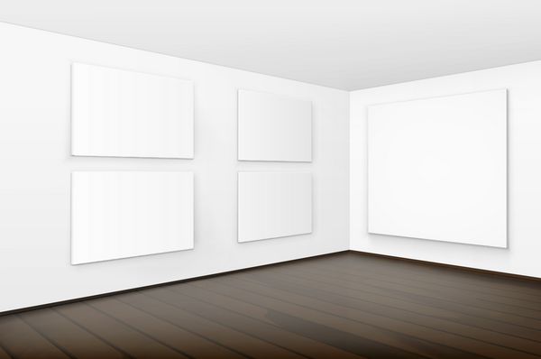 پوسترهای ماکت سفید خالی خالی قاب عکس روی دیوارها با کف چوبی قهوه ای در گالری