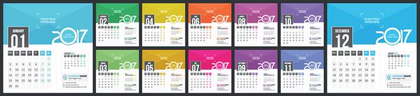 تقویم 2017 - قالب وکتور 12 ماه با مکان عکس لوگو و اطلاعات تماس