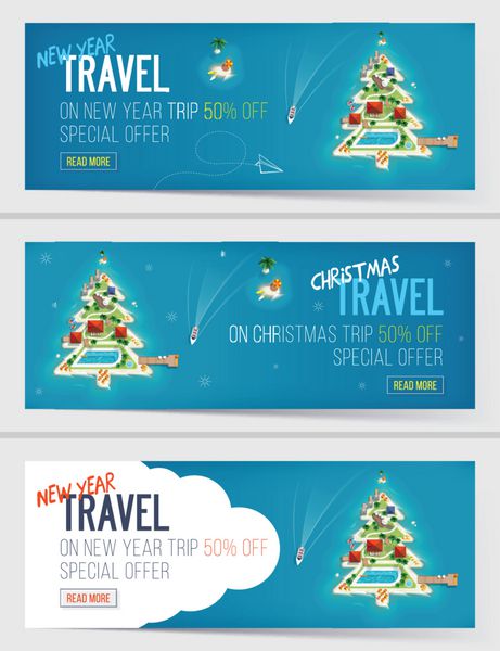 سه بنر تعطیلات سال نو و کریسمس جزیره ای به شکل درخت کریسمس نمای بالای جزیره پیشنهاد ویژه سفر تعطیلات فروش و تخفیف سفر و گردشگری