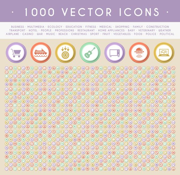 مجموعه ای از 1000 نماد روی دکمه های رنگی دایره ای وکتور عناصر جدا شده