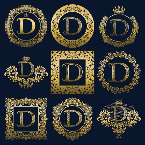مجموعه تک نگاری های قدیمی از حرف D لوگوهای هرالدیک طلایی در تاج گل قاب های گرد و مربع