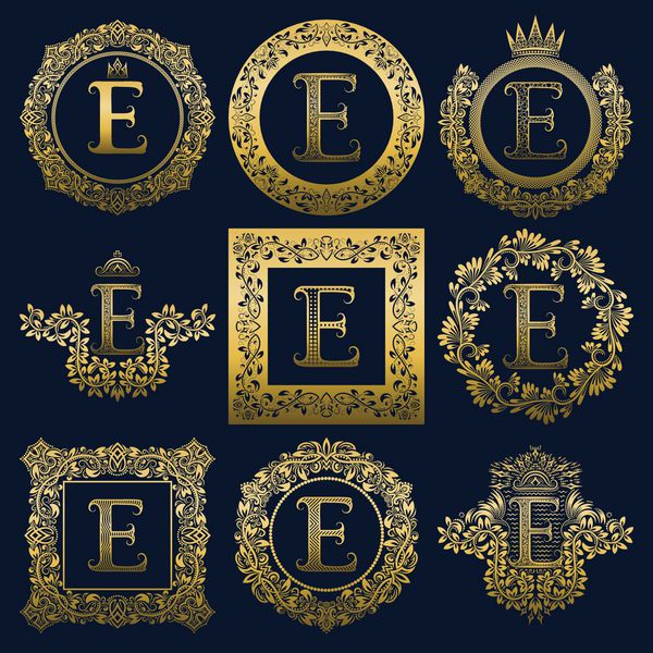 مجموعه مونوگرام های قدیمی از حرف E لوگوهای هرالدیک طلایی در تاج گل قاب های گرد و مربع