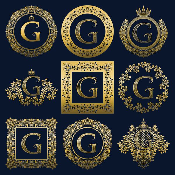 مجموعه مونوگرام های قدیمی از حرف G لوگوهای هرالدیک طلایی در تاج گل قاب های گرد و مربع