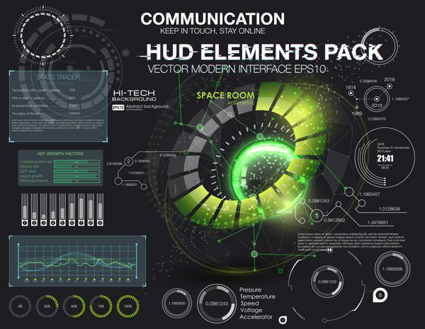 پس زمینه انتزاعی فوق العاده با عناصر مختلف HUD مجموعه بزرگی از عناصر مختلف HUD نمودارها سوئیچ های HUD سبک رتبه بندی و اشیاء هندسی مختلف
