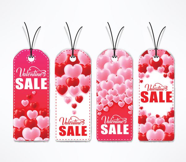 تگ های خلاقانه فروش روز ولنتاین به رنگ قرمز و سفید با سایه روی پس زمینه سفید