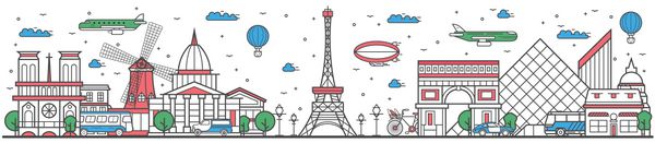 وکتور بنر شهر پاریس سفر در شهر پاریس مفهوم سفر در سراسر جهان با جاذبه های معماری معروف مدرن و باستانی پانورامای منظره شهری پاریس پوستر طراحی خط نقطه عطف تاریخی