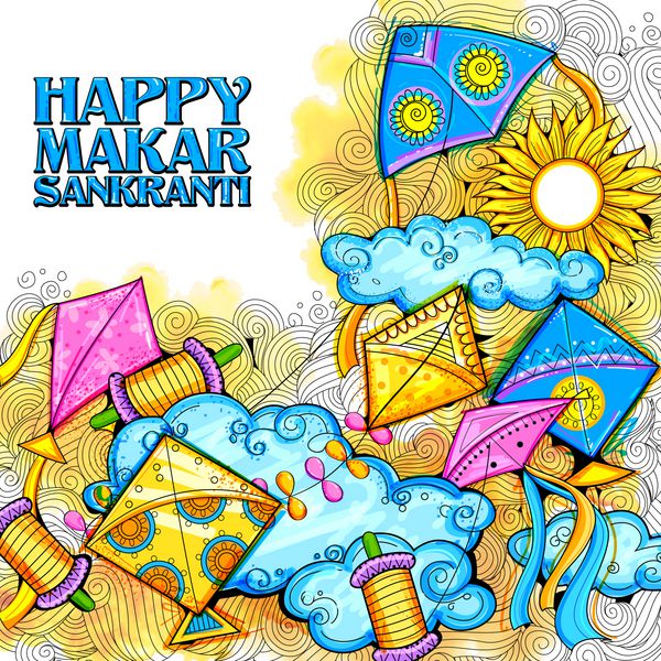 کاغذ دیواری شاد Makar Sankranti با رشته بادبادک رنگارنگ برای جشنواره هند