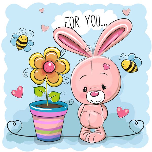 کارت تبریک کارتونی زیبا خرگوش با گل