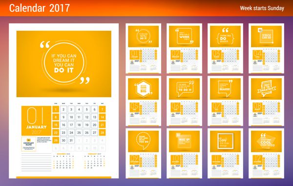 الگوی برنامه ریز تقویم دیواری برای سال 2017 هفته از یکشنبه شروع می شود مجموعه 12 ماهه مکانی برای یادداشت ها و عکس طراحی لوازم التحریر وکتور الگوی تقویم