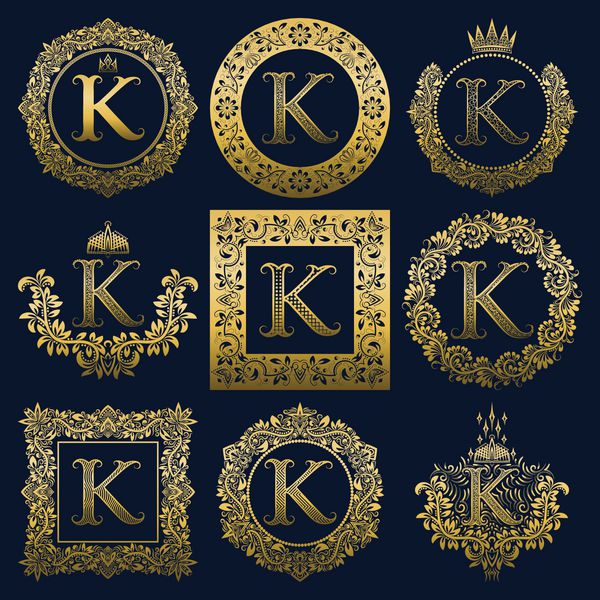 مجموعه مونوگرام های قدیمی از حرف K لوگوهای هرالدیک طلایی در تاج گل قاب های گرد و مربع