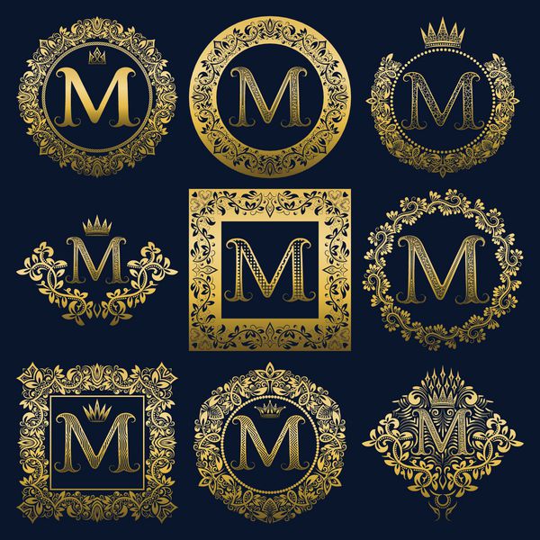 مجموعه مونوگرام های قدیمی از حرف M لوگوهای هرالدیک طلایی در تاج گل قاب های گرد و مربع