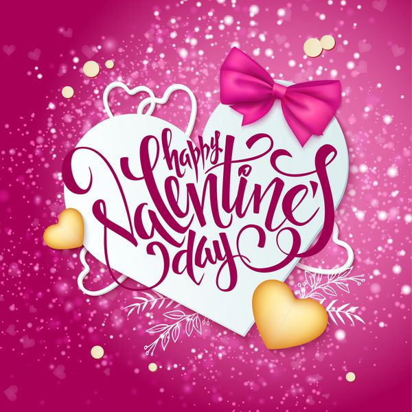 وکتور حروف تبریک روز ولنتاین با شکل قلب کاغذی پاپیون روبانی قلب طلایی در پس زمینه براق