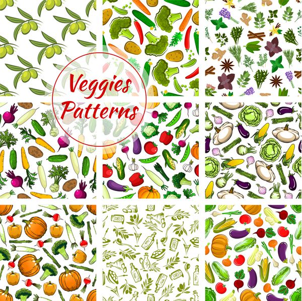 مجموعه سبزیجات وکتور الگوهای بدون درز