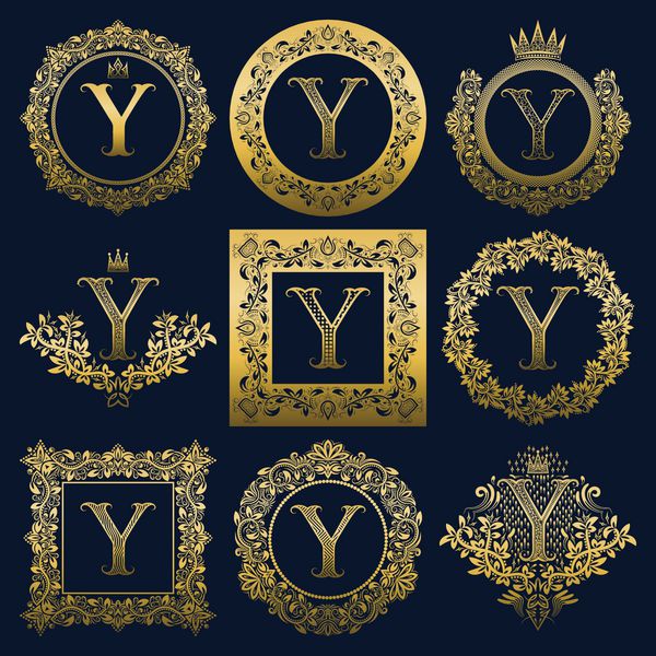 مجموعه تک‌نگارهای قدیمی از حرف Y لوگوهای هرالدیک طلایی در تاج گل قاب های گرد و مربع