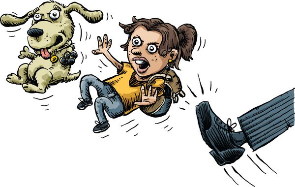 پای کارتونی که یک کفش مجلسی پوشیده است یک دختر و سگش را بیرون می‌اندازد
